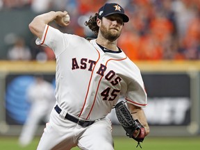 Gerrit Cole of the Houston Astros delivers a pitch against the Tampa Bay Rays at Minute Maid Park on October 10, 2019 in Houston. (Tim Warner/Getty Images)