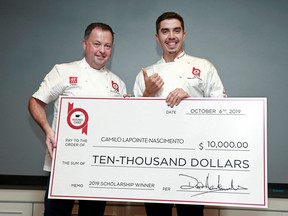 Camilo Lapointe-Nascimento, right, receives his award from Chef David Hawksworth.