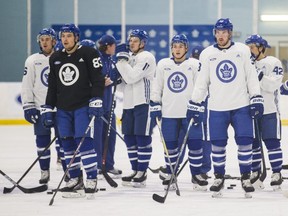 Maple Leafs players take part in practice drills at Ford Performance Centre in Etobicoke in October 2019.