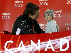 Olympian Helen Upperton has some fun with her daughter, Florence Lumsden, as Canada’s Olympic and Paralympic athletes held a celebration of sport in support of Calgary's 2026 Olympic bid at the Olympic Oval in Calgary on Nov. 10, 2018.