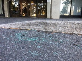 Shattered glass outside 350 Webb in Mississauga where a driver was gunned down in his vehicle the night before, Oct. 23, 2019. (Ernest Doroszuk/Toronto Sun)