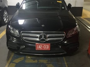 A Mercedes owned by the Indian Consulate, parked in a handicapped parking spot in the parking garage at 365 Bloor St. E.  on Oct. 9, 2019
