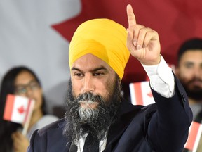 NDP leader Jagmeet Singh delivers his concession speech at the NDP election night party in Burnaby B.C., Oct. 21, 2019. (DON MACKINNON/AFP via Getty Images)