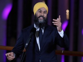 NDP Leader Jagmeet Singh speaks at a news conference after an English language federal election debate at the Canadian Museum of History in Gatineau, Que., on Monday, Oct. 7, 2019.
