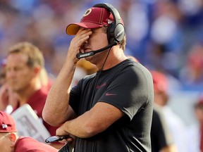 Head coach Jay Gruden of the Washington Redskins reacts during a game against the New York Giants at MetLife Stadium on September 29, 2019 in East Rutherford, N.J. (Elsa/Getty Images)