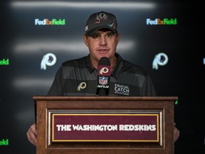 Head coach Jay Gruden of the Washington Redskins responds to questions during a press conference after the game against the New England Patriots at FedExField on Oct. 6, 2019 in Landover, Md. (Photo by Scott Taetsch/Getty Images)