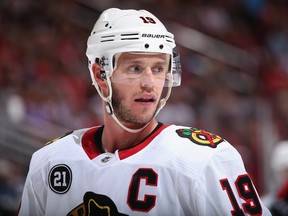 Jonathan Toews of the Chicago Blackhawks awaits a face-off against the Arizona Coyotes during the third period of the NHL game at Gila River Arena on March 26, 2019 in Glendale, Ariz. (Christian Petersen/Getty Images)