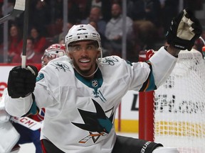 Evander Kane of the San Jose Sharks celebrates the first of his two goals against the Montreal Canadiens on Oct. 24, 2019. (JEAN-YVES AHERN/USA TODAY Sports)
