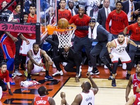 Kawhi Leonard watches as his buzzer-beater seals the Raptors’ Game 7 win over the 76ers in the playoffs last May. (STAN BEHAL/TORONTO SUN FILES)