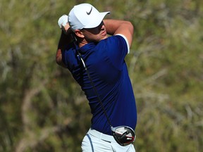 Brooks Koepka hits off the 13th tee during the second round of the Shriners Hospitals for Children Open at TPC Summerlin on October 4, 2019 in Las Vegas. (Tom Pennington/Getty Images)