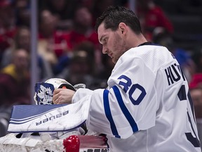 Michael Hutchinson of the Toronto Maple fixes his equipment during a break in the action against the Washington Capitals at Capital One Arena on October 16, 2019 in Washington. (Scott Taetsch/Getty Images)
