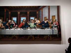 The painting "The Last Supper" by Leonardo da Vinci is pictured during a press visit of the "Leonardo da Vinci" exhibition to commemorate the 500-year anniversary of his death at the Louvre Museum in Paris, France, October 20, 2019. REUTERS/Benoit Tessier