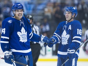 With captain John Tavares still out,  Auston Matthews (left) and Mitchell Marner will likely be together five-on-five on Monday night against Columbus. (Nathan Denette/The Canadian Press)