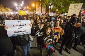 Protestors outside the Palmerston Library following a talk by controversial speaker Meghan Murphy on Tuesday October 29, 2019.