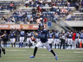Argos quarterback Michael O’Connor prepares to make a throw during pre-season action in May. O'Connor and Dakota Prukop are expected to see playing time down the stretch. (THE CANADIAN PRESS FILES)