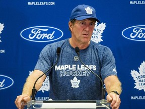 Maple Leafs head coach Mike Babcock addresses media during training camp at the Ford Performance Centre in Toronto on Sept. 12, 2019.