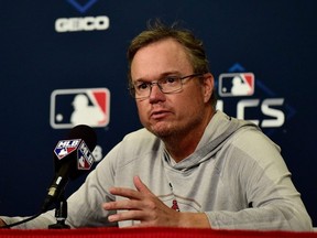 Cardinals manager Mike Shildt talks with the media prior to Game 1 of the NLCS against the Nationals at Busch Stadium in St. Louis, on Thursday, Oct 10, 2019.