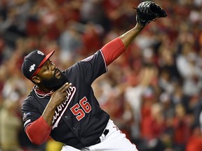 Washington Nationals relief pitcher Fernando Rodney strikes a pose during Game 3 of the NLCS against the St. Louis Cardinals at Nationals Park. (Brad Mills-USA TODAY Sports)