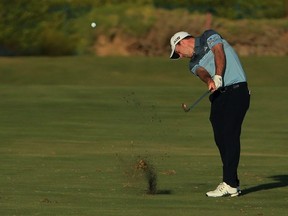 Nick Taylor plays a shot on the 18th hole during the second round of the Shriners Hospitals for Children Open at TPC Summerlin in Las Vegas, on Friday, Oct. 4, 2019.