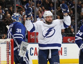 Nikita Kucherov of the Tampa Bay Lightning celebrates a goal against the Maple Leafs on Thursday night in Toronto. (GETTY IMAGES)