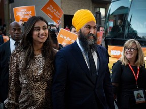 NDP leader Jagmeet Singh and wife Gurkiran Kaur arrive for the French-language debate in Montreal, on October 2, 2019.