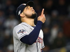 Roberto Osuna of the Houston Astros celebrates after retiring the side against the New York Yankees during the eighth inning in game four of the American League Championship Series at Yankee Stadium on Oct. 17, 2019 in New York City. (Mike Stobe/Getty Images)