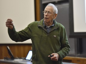 This handout photo obtained October 8, 2019 courtesy of Princeton University shows Professor James Peebles speaking during the 43rd annual Donald R. Hamilton Lecture at Princeton University in Princeton, New Jersey. (MARK CZAJKOWSKI / PRINCETON UNIVERSITY / AFP)