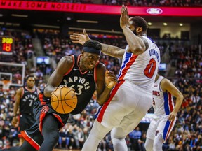 Raptors’ Pascal Siakam drives past Pistons’ Andre Drummond at the Scotiabank Arena Oct. 30, 2019. Ernest Doroszuk/Toronto Sun
