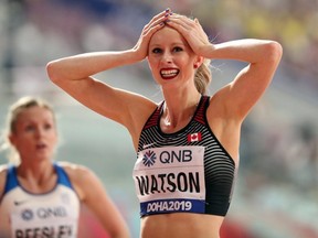 Canada's Sage Watson reacts after finishing second in the women's 400-metres hurdles semifinal at the World Athletics Championships in Doha, Qatar, on Wednesday, Oct. 2, 2019.