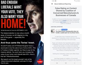 (Left) the image created by the Coalition of Concerned Manufacturers & Businesses of Canada that caught the eye of Facebook fact checkers. (Right) a notice sent to Coalition of Concerned Manufacturers & Businesses of Canada after the group quoted from a Mark Bonokoski column.