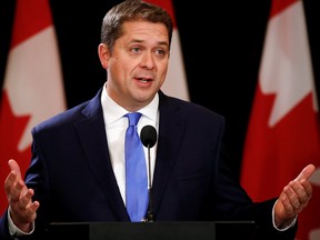 Conservative leader Andrew Scheer speaks at a news conference the day after he lost the federal election to Justin Trudeau in Regina, Oct. 22, 2019. (REUTERS/Todd Korol)