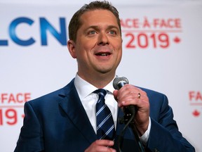 Leader of the Conservative Party of Canada Andrew Scheer addresses the press after the French debate for the 2019 federal election in Montreal, Quebec, Canada, on October 2, 2019. (SEBASTIEN ST-JEAN/AFP via Getty Images)