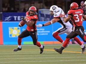 Shaquille Richardson runs the ball out of the Ottawa Redblacks end zone during his time with the Calgary Stampeders in 2017. Richardson joined the Argos earlier this week and will be on the field on Friday against the Als.  (GAVIN YOUNG/POSTMEDIA NETWORK FILES)
