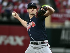 Atlanta Braves starting pitcher Mike Soroka throws against the St. Louis Cardinals during the seventh inning in game three of the 2019 NLDS playoff baseball series at Busch Stadium. (Jeff Curry-USA TODAY Sports)