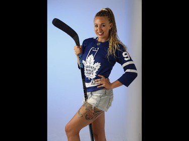 SUNShine Girl Leesh is a our 5-foot-8 long legged bartender bleeds blue and wants the Leafs to take a bite out of the Sharks Friday night. Her fave player - Johnny Tavares - is out but she Be-Leafs in her team. She has two little adorable Chihuahuas named Berkley and ChiChi whom she loves walking in the warm autumn weather as the leaves change. Jack Boland/Toronto Sun/Postmedia Network