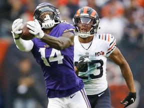 Stefon Diggs of the Minnesota Vikings makes a catch in front of Kyle Fuller of the Chicago Bears at Soldier Field on September 29, 2019 in Chicago. (Nuccio DiNuzzo/Getty Images)