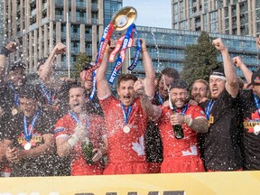 The Toronto Wolfpack celebrates its 2019 Betfred Championship grand final victory at Lamport Stadium. The Wolfpack advances to Super League after defeating the Featherstone Rovers 24-6 in Toronto on Saturday, October 5, 2019. Mathew Tsang photo