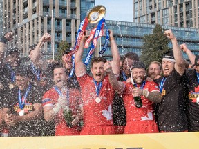 The Toronto Wolfpack celebrate their 2019 Betfred Championship grand final victory at Lamport Stadium. The Wolfpack advanced to Super League after defeating the Featherstone Rovers  October 5, 2019.