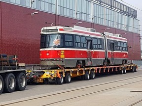 The TTC's ALRV 4204 awaits its shipment from the TTC's Leslie Barns, near Leslie St. and Lake Shore Blvd., to its new home at the Halton County Radial Railway north and west of the city on the Guelph Line north of Hwy 401 where it will be on display during the museum's "Christmas on the Rails." This event is planned for Saturday, Dec. 7 and 14, from 1-8 p.m., and Sunday, Dec. 15, from 1 to 6:30 pm. People can come out and see the new arrivals, meet Santa Claus, have some hot cider and baked treats, and ride the historic streetcars. More details at hcry.org (Photo credit: TTC)