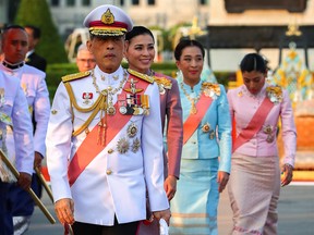 Thailand's King Maha Vajiralongkorn, Queen Suthida, Princess Bajrakitiyabha and Princess Sirivannavari Nariratana leave after they attend an event commemorating the death of King Chulalongkorn in Bangkok, Thailand, October 23, 2019. (REUTERS/Athit Perawognmetha)