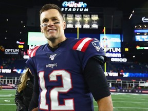 Patriots QB Tom Brady celebrates after defeating the Giants at Gillette Stadium in Foxborough, Mass., on Thursday, Oct. 10, 2019.