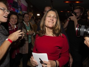 Liberal candidate Chrystia Freeland arrives at her post-election party to celebrate her win in the Toronto riding of University-Rosedale Oct. 21, 2019. Stan Behal/Toronto Sun