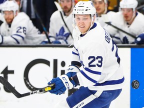 Defenceman Travis Dermott was set to make his season debut for the Maple Leafs on Tuesday night against the Capitals after being on the shelf due to shoulder surgery. (GETTY IMAGES FILES)