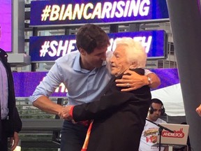 Liberal PM Justin Trudeau embraces former Mississauga mayor Hazel McCallion at a homecoming rally for newly-crowned U.S. Open Champion Bianca Andreescu on Sept. 15, 2019. (Joe Warmington/Toronto Sun/Postmedia Network)