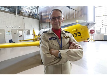 Retired Snowbirds pilot Steve Purton (pictured) takes Gordon Helm, 84, a former Canadian fighter pilot in the 1950s, who flew F-86 Sabre from Baden-Soellingen during the Cold War got back up in the air in a de Havilland Chipmunk training plane. It was part of the National Seniors Day and put on by Chartwell Retirement Residences and their partner charity Wish of a Lifetime Canada. They flew out of the Canadian Warplane Heritage Museum  on Tuesday October 1, 2019. Jack Boland/Toronto Sun/Postmedia Network