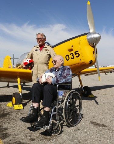 Former Canadian fighter pilot Gordon Helm, 84, with pilot Steve Purton on Tuesday.