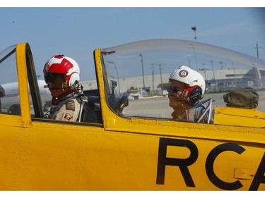 Gordon Helm, 84, a former Canadian fighter pilot in the 1950s, who flew F-86 Sabre from Baden-Soellingen during the Cold War got back up in the air in a de Havilland Chipmunk training plane. Helm just as they start to taxi to his flight with pilot Steve Purton  took part of the National Seniors Day and put on by Chartwell Retirement Residences and their partner charity Wish of a Lifetime Canada. They flew out of the Canadian Warplane Heritage Museum  on Tuesday October 1, 2019. Jack Boland/Toronto Sun/Postmedia Network