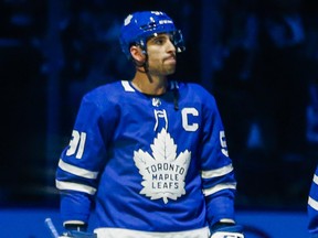 Toronto Maple Leafs introduce the new captain John Tavares before first period NHL hockey action during the home opener  against Ottawa Senators at the Scotiabank Arena in Toronto on October 2, 2019.