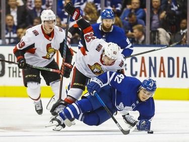 Toronto Maple Leafs Trevor Moore during first period NHL hockey action during the home opener against Ottawa Senators Tyler Ennis at the Scotiabank Arena in Toronto on Wednesday October 2, 2019. Ernest Doroszuk/Toronto Sun/Postmedia