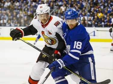 Toronto Maple Leafs Andreas Johnsson during first period NHL hockey action during the home opener  against Ottawa Senators Ron Hainsey at the Scotiabank Arena in Toronto on Wednesday October 2, 2019. Ernest Doroszuk/Toronto Sun/Postmedia